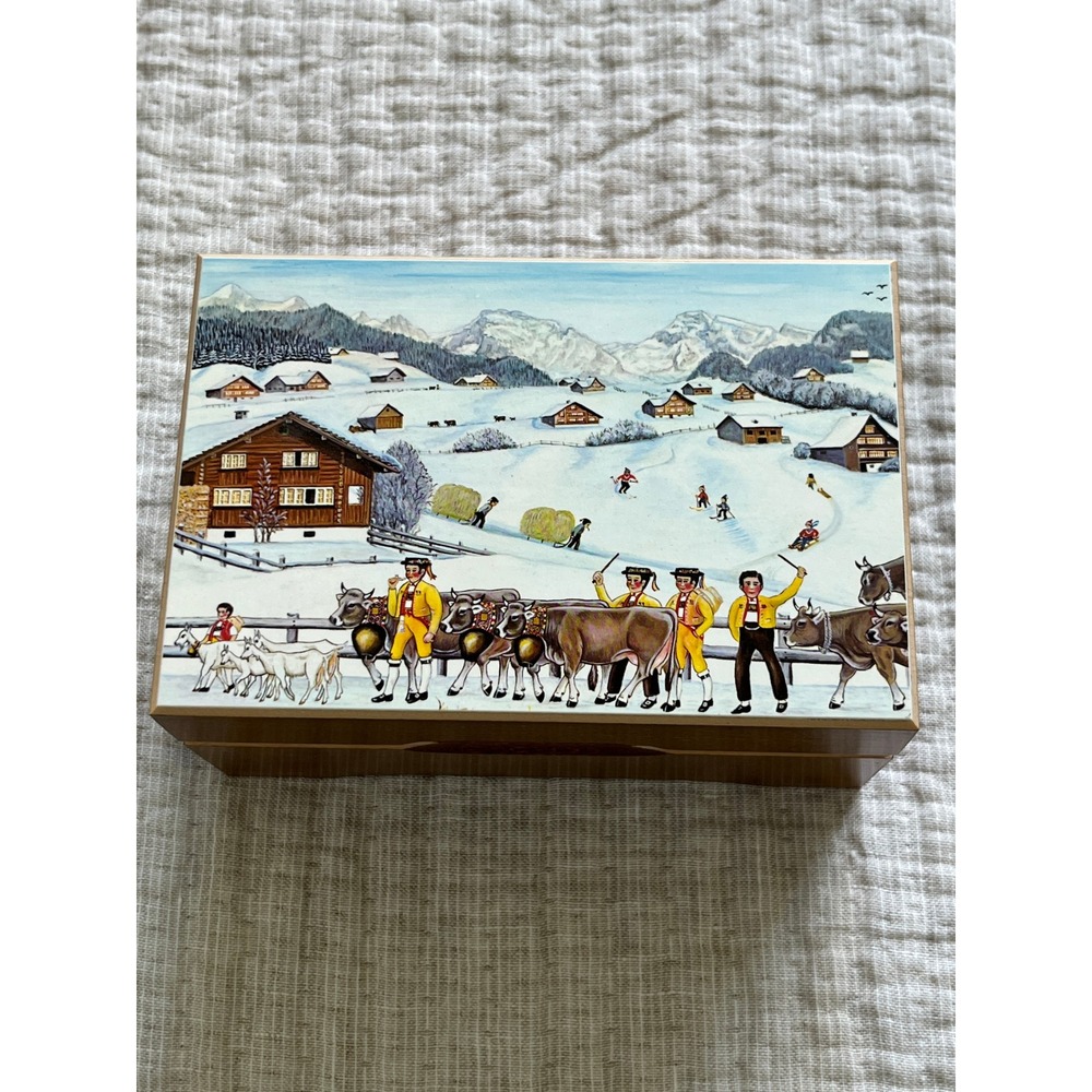 Jobin of Switzerland Wooden Music Box Swiss Alpine Winter Scene Min Vater isch